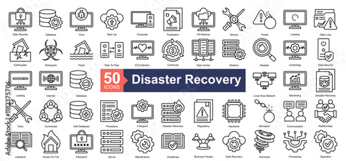 Disaster Recovery Icon Collection Set.Containing data security, database, virus, back up, computer, publication, file backup, service, threat icon. Simple line style Vector Illustration.	