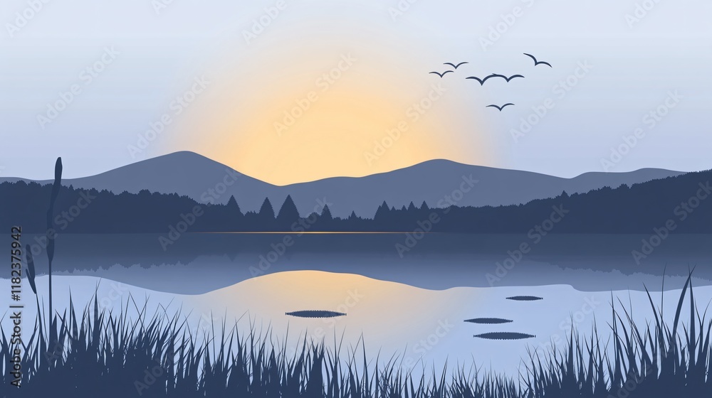 Fototapeta premium Serene Sunset Landscape, Calm Lake, Mountains, and Birds
