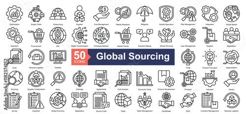 Global Sourcing Icon Collection Set.Containing optimization, supply chain, outsourcing, supplier, cost management, market research, mitigation icon. Simple line style Vector Illustration.
