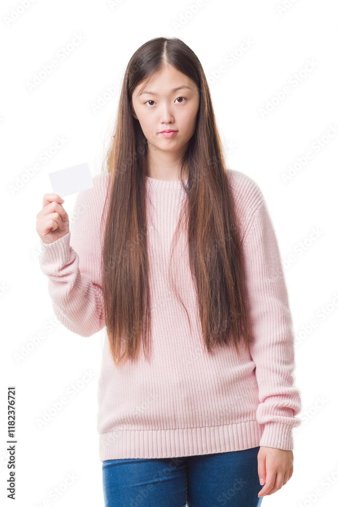 Young Chinese woman over isolated background holding visit card with a confident expression on smart face thinking serious Young Chinese woman over isolated background holding visit card with a confident expression on smart face thinking serious