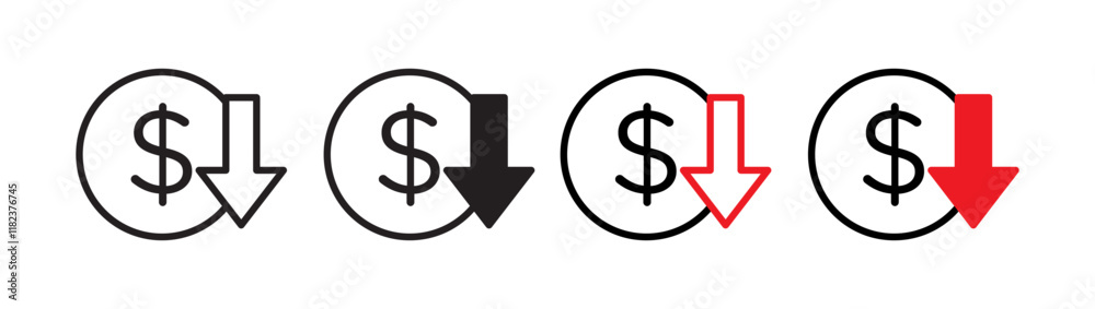 Lower cost icons set in black filled and outlined style Lower cost icons set in black filled and outlined style