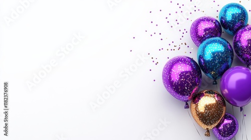 Shiny metallic balloons in purple teal and gold with confetti on a white background. Perfect for birthday party celebrations or festive announcements.