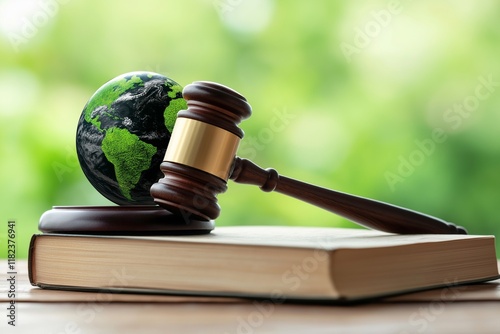 
Green planet Earth on a book and wooden gavel, environmental protection law concept.