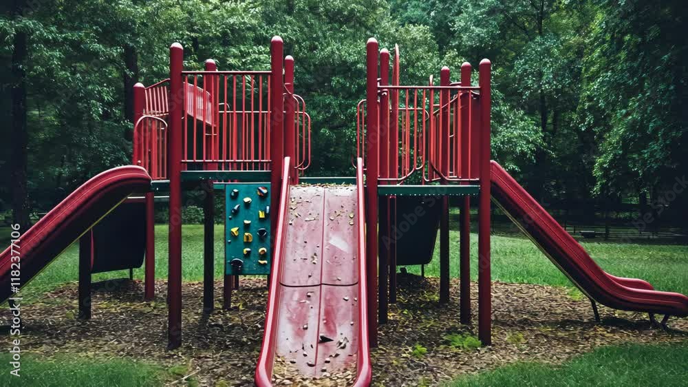 Bright red playground equipment stands amidst lush green trees in a peaceful park setting during daytime hours Bright red playground equipment stands amidst lush green trees in a peaceful park setting during daytime hours