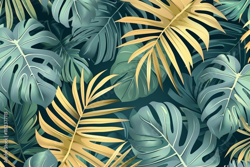 A natural arrangement of softly colored green and yellow leaves forms a calming, minimalist background, suited for designs related to nature. photo