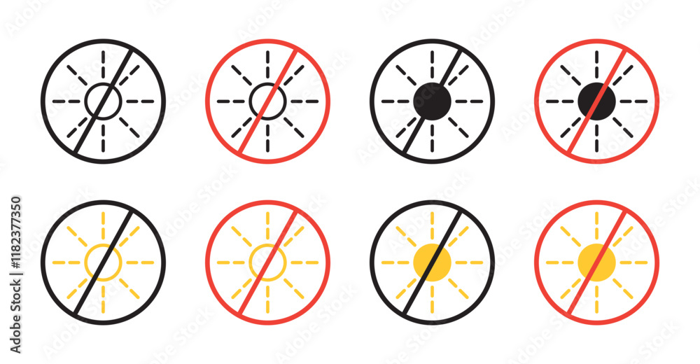 No sun icons set in black filled and outlined style No sun icons set in black filled and outlined style