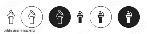 Public speaker icons set in black filled and outlined style