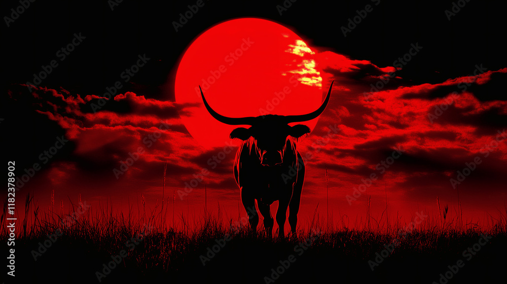 Fototapeta premium A striking silhouette of a bull against a dramatic red sunset, evoking strength and power