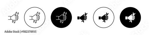 Spanner in hand icons set in black filled and outlined style