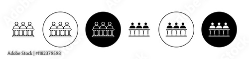 Trial by jury icons set in black filled and outlined style
