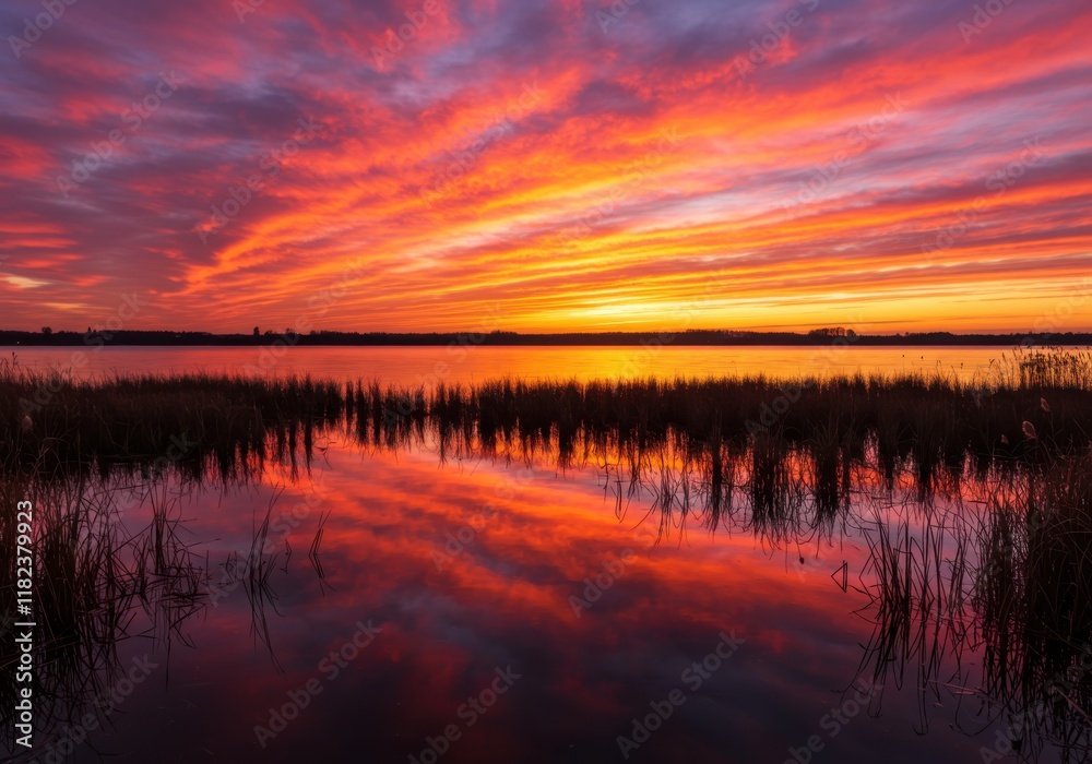 Obraz premium Vibrant sunset over wetlands, Dramatic orange and pink sky, Silhouetted reeds reflecting in still water, Fiery clouds, Peaceful marsh landscape, Rich color palette, Atmospheric dusk scene, Mirror-like