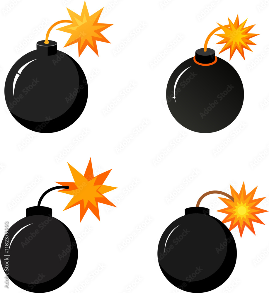 bomb with burning fuse flat silhouette  icon vector illustration on white background
