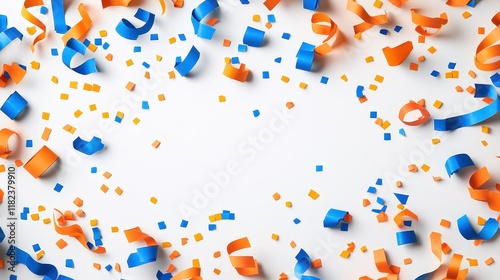 Blue and orange confetti and streamers scattered on a white background. Perfect for party, celebration, or festive designs.