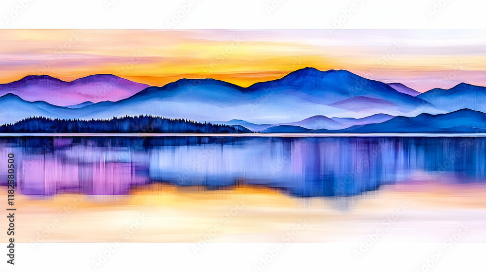 Fototapeta premium A serene landscape featuring vibrant mountains reflecting in calm waters at sunset, with hues of purple, blue, and orange blending beautifully.