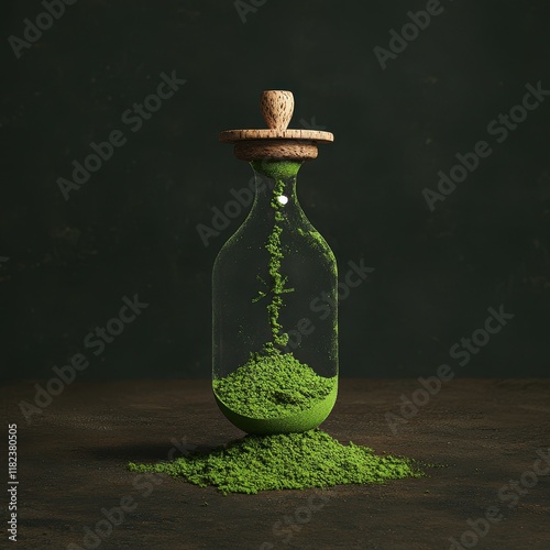 Green powder in glass bottle with wooden stopper