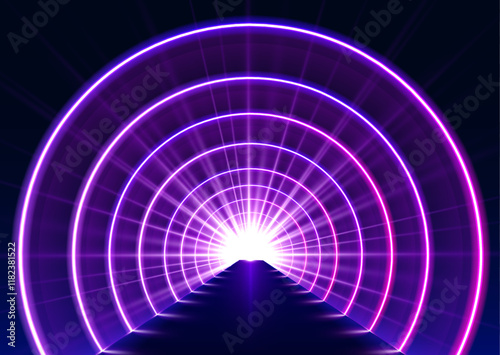 Neon lights in blue and pink create a mesmerizing tunnel. This futuristic graphic design captures the concept of movement and energy in a glowing, infinite space.