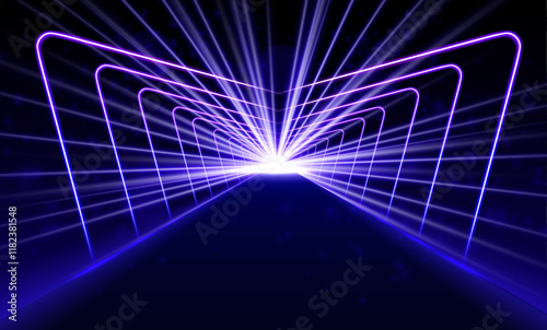 Abstract laser lights in a 3D world. Vibrant neon lines form a complex laser display in a 3D world, filled with geometric shapes and endless motion. The visual is dynamic, with endless possibilities.