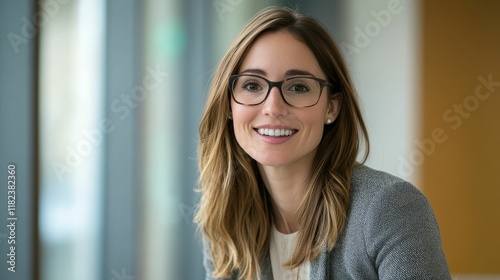 Smiling woman, glasses, light brown hair, gray jacket. Free Download Smiling woman, glasses, light brown hair, gray jacket. - GFXLoad