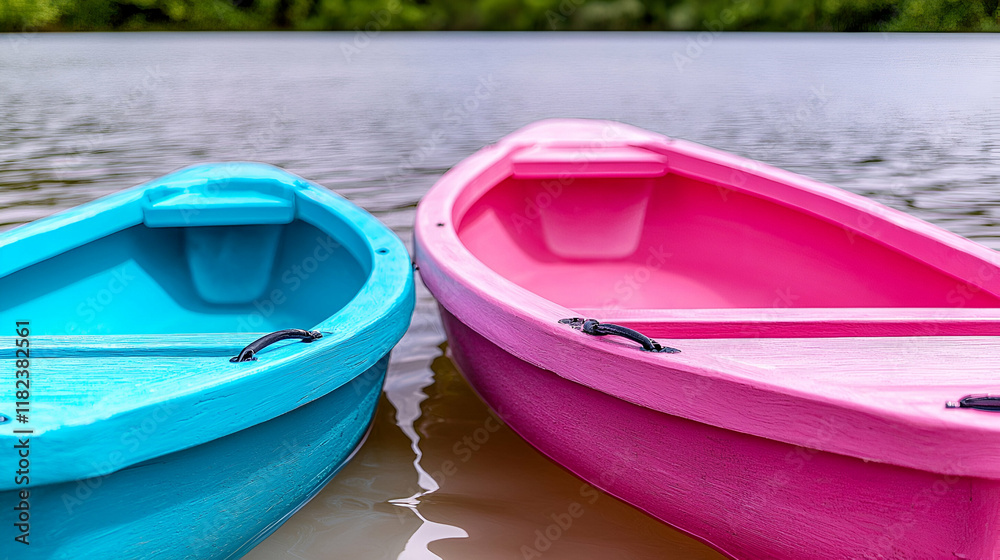 Two colorful boats, one blue and one pink, gently rest on calm water, surrounded by lush greenery. Two colorful boats, one blue and one pink, gently rest on calm water, surrounded by lush greenery.