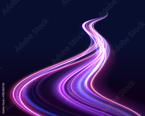 Glowing neon lights streak across the horizon, symbolizing high-speed movement. The speed trails enhance the idea of high-tech products and solutions racing forward.
