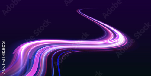 Photos A stunning light display of neon trails travels through a dark, abstract landscape, illustrating the breakneck pace of innovation and technological growth