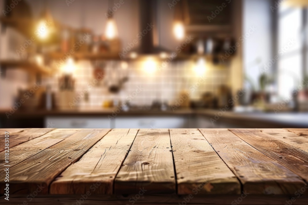 a wooden table set against a blurred modern kitchen, is perfect for displaying home decor or cooking themed visuals in a stylish, cozy setting. a wooden table set against a blurred modern kitchen, is perfect for displaying home decor or cooking themed visuals in a stylish, cozy setting.