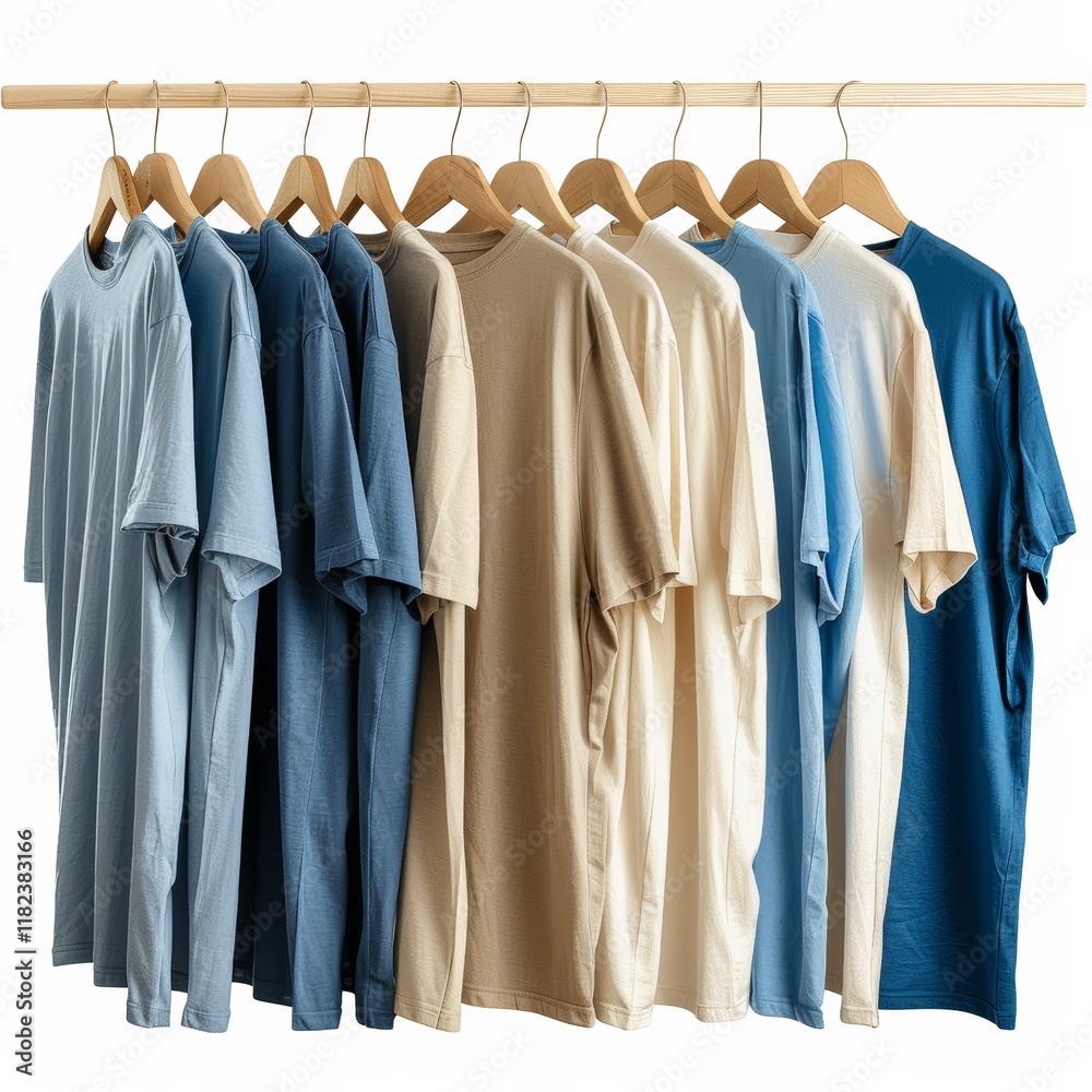 casual t shirts in various shades of blue and neutral tones, neatly hanging on wooden hangers. This organized display highlights simplicity and a relaxed, stylish wardrobe. casual t shirts in various shades of blue and neutral tones, neatly hanging on wooden hangers. This organized display highlights simplicity and a relaxed, stylish wardrobe.