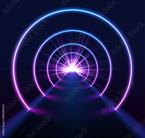 The fluorescent ultraviolet lights and colorful laser lines form a geometric tunnel. This endless corridor in blue and pink hues leads into a virtual realm of possibilities. 