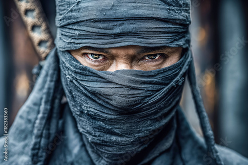 Intense eyes of a mysterious young man ninja in black costume