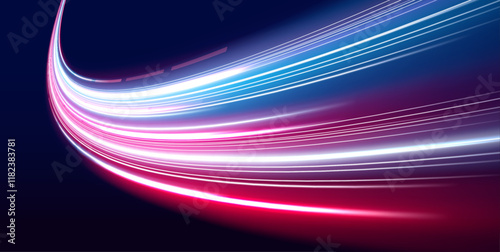 Neon beams speed down a dark road, creating a sense of endless movement. The vibrant colors and glowing lights emphasize the fast pace of modern technology. 