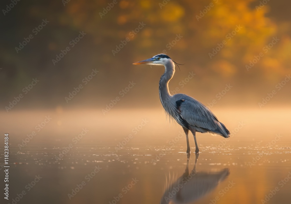 Naklejka premium Majestic great blue heron, shallow water reflection, golden hour light, soft focus background, nature photography, wildlife portrait, serene wetland scene, muted earth tones, misty atmosphere, high de