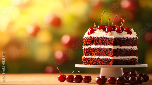 f0b German black forest cake layered with cherries and whipped cream on a cake stand photo