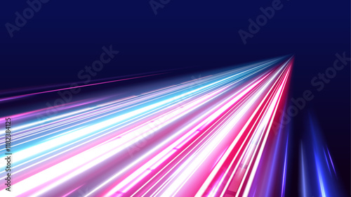 Neon beams speed down a dark road, creating a sense of endless movement. The vibrant colors and glowing lights emphasize the fast pace of modern technology. 