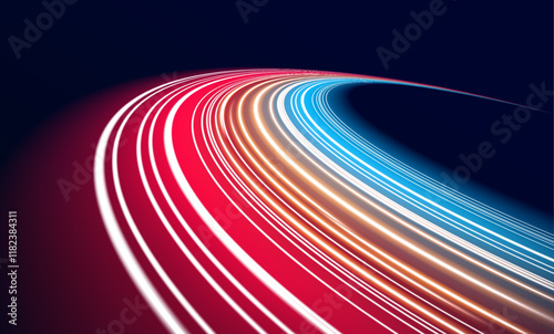 A smooth and fast motion of neon lights creates a futuristic, high-tech scene. It conveys the endless advancement of technology at a rapid pace.