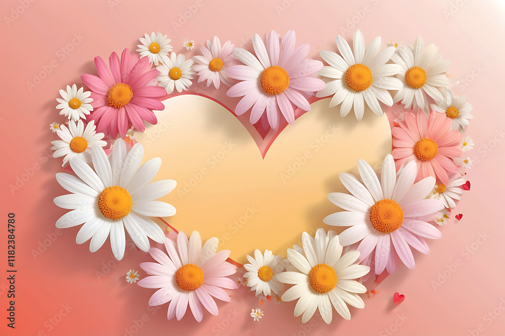 Obraz premium A cheerful Valentine's background design featuring white and pink daisies arranged around the edges