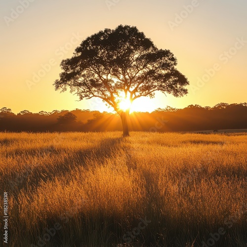 lonely tree in a field in the golden evening light, tree in front of a sunset in summer