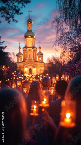 Orthodox Christian candlelight procession at sunset leading to a golden-domed church, symbolizing Easter, Holy Week, Trinity, Theophany, Radonitsa, and memorial traditions
