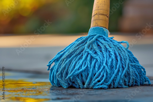 Close-up of blue mop cleaning floor with wooden handle photo