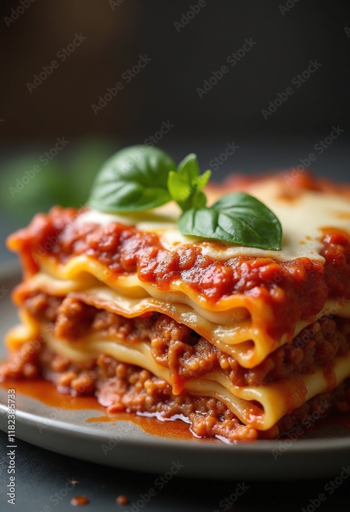 Fototapeta premium A rustic lasagna with layers of pasta, hearty Bolognese sauce, béchamel, and melted mozzarella