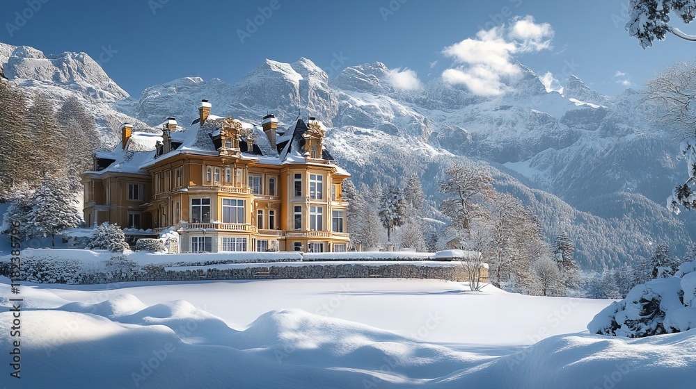 Naklejka premium Luxurious mansion in the mountains, surrounded by snow, with large windows and elegant architecture