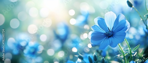 Blue flowers field, sunny day, bokeh background, spring