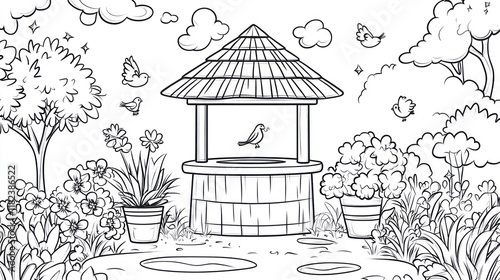 Wishing well garden birds coloring page photo