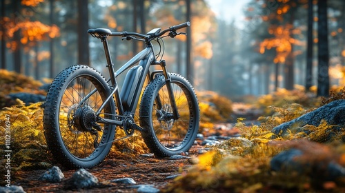 Mountain bike in a serene autumn forest setting.