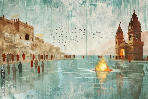 Illustration representing Magh Mela pilgrimage with sacred rituals photo