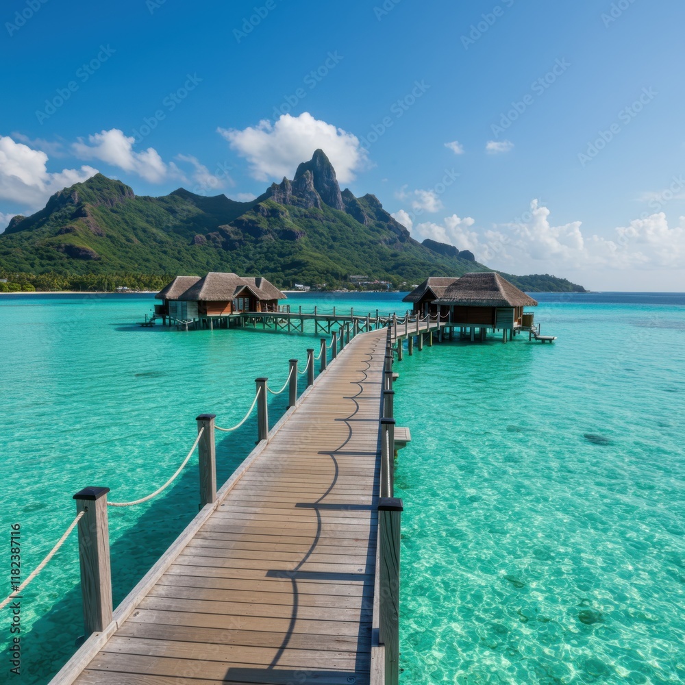 Tropical paradise, Bora Bora, overwater bungalows, wooden pier, turquoise lagoon, lush mountain peak, clear blue sky, white sandy beach, palm trees, luxury resort, crystal clear water, idyllic vacatio Tropical paradise, Bora Bora, overwater bungalows, wooden pier, turquoise lagoon, lush mountain peak, clear blue sky, white sandy beach, palm trees, luxury resort, crystal clear water, idyllic vacatio