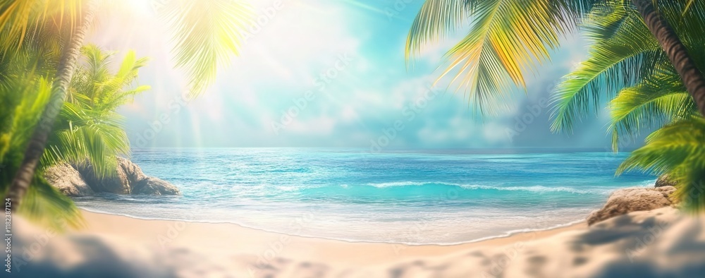 Beautiful summer background with palm trees, sandy beach, and blue sea. Vacation concept banner Beautiful summer background with palm trees, sandy beach, and blue sea. Vacation concept banner