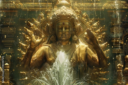 Stock illustration Mahamastakabhisheka grandeur in gold and green with statues water purity legacy and complexity photo