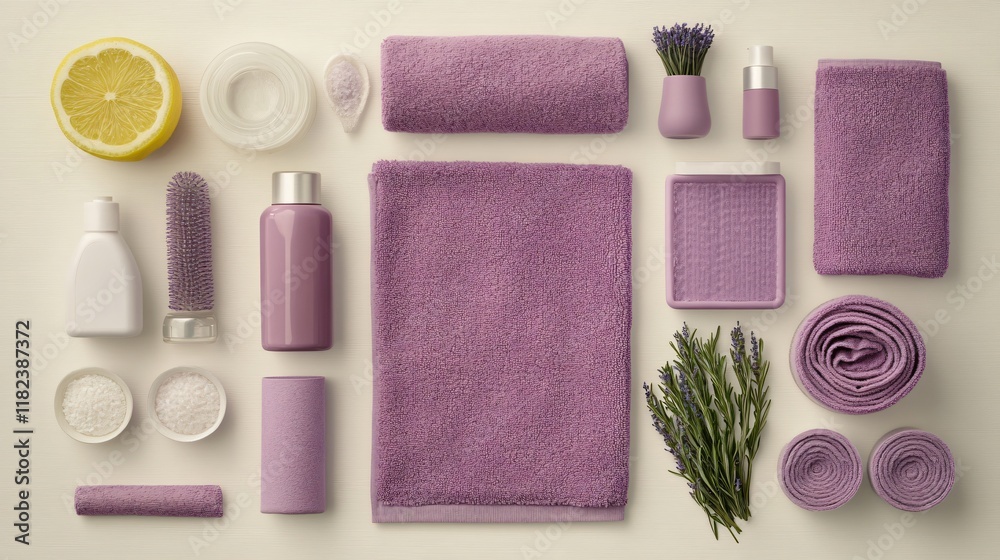 Fototapeta premium Spa Day Essentials Lavender Purple Towels and Beauty Products Flat Lay