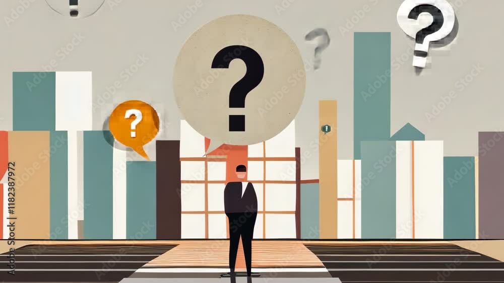 Businessman standing before an office building, contemplating question marks and future in a modern world.