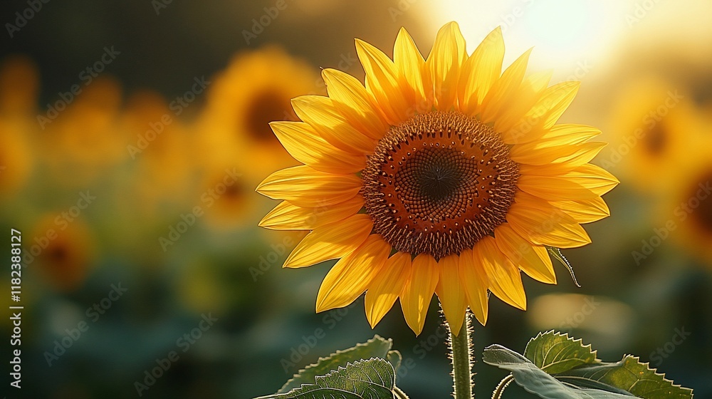 Fototapeta premium Golden Sunflower Basking in Sunset Glow Amidst Field